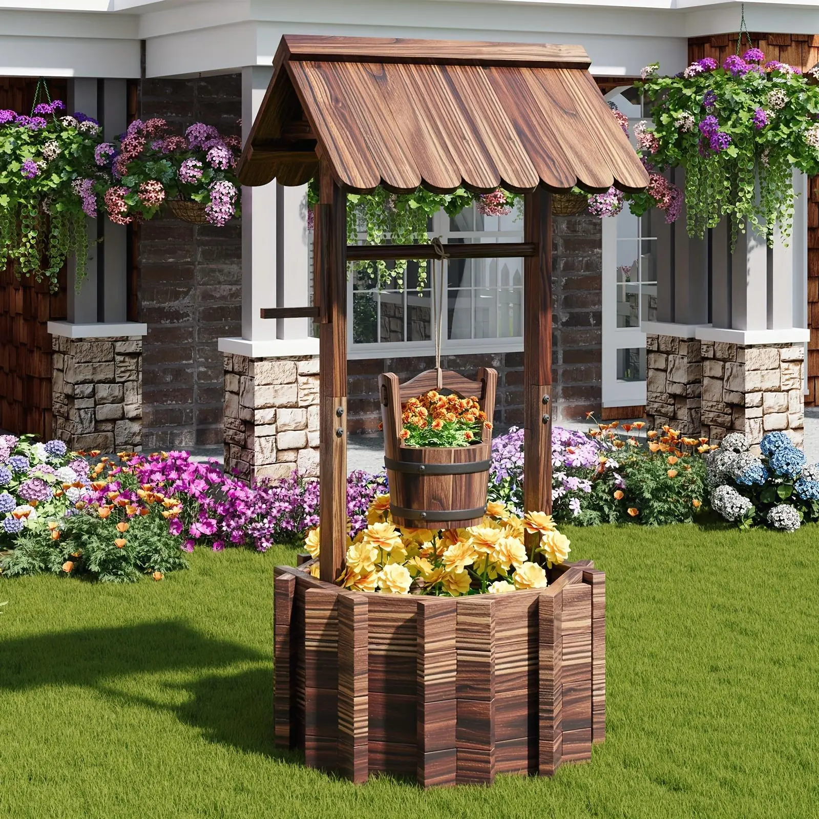 Nordivale Wooden Rustic Barrel Wishing Well Planter - Outdoor Garden Decor with Hanging Bucket, Yard Water Feature & Fountain, Reinforced Base for Patio, Lawn, Hanging Buckets