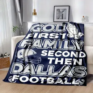 Dallas Football-Themed Flannel Blanket - Soft Polyester Shawl With "God First Family Second Then Dallas Football" Design, Versatile For Home, Office, Bedroom - Ideal For Reading, Gaming, Knee Protection - Perfect Gift For Sports Fans, Sports Fan Gift |