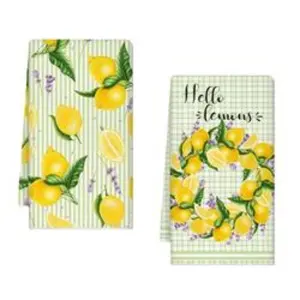 Striped Lemon Wreath Print Kitchen Towels, Kitchen Cleaning Cloth, 16x24 Inch Reusable, Home Cooking Baking Bathroom Cleaning Decor, Lemon Theme