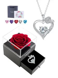 Rose Flower Heart Pendant Necklace With Rose Jewelry Gift Box, Love Heart Necklace, Anniversary Birthday Gifts for Women Mom Wife Her, Mother's Day Jewelry Gift for Mom
