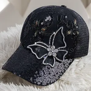 Women's Acrylic Casual Baseball Hat - Mesh, Sequin-Embellished, Rhinestone-Accented, Breathable, Ideal for Street Fashion, Gift for Wives