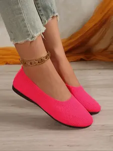 Women's Fashionable Plain Color Ballet Flats, Round Toe Flats, Knit Flats, Casual Comfortable Flat Shoes for Daily Wear, Lightweight Breathable Shoes for Women & Girls, Running
