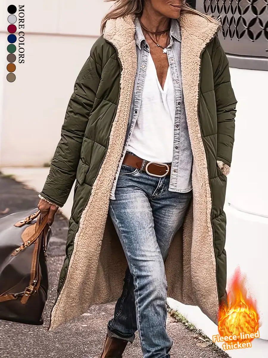 Women’s solid-color fleece warm hooded jacket/coat, windproof, full zip closure and hood design, mid-length streetwear silhouette for outdoor wear, Christmas gift, autumn/winter outerwear