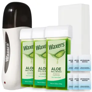 Waxers Roll on Wax Kit Aloe Vera Waxing Roller Depilatory for Women & Men Waxing Kit for Hair Removal for Larger Areas at Home with Heater & Strips