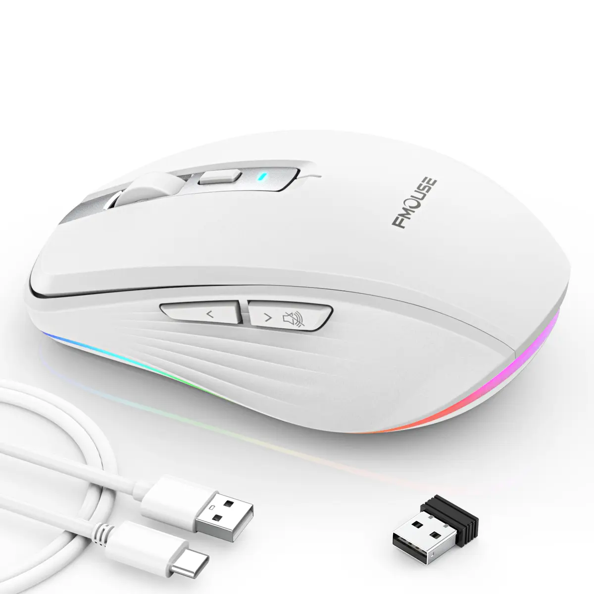 FMOUSE M303 Pro Wireless Mouse for PC/Tablets, Bluetooth-2.4GHz Connectivity, USB-C Rechargeable, Quiet Clicks, RGB Lights, Volume Control, 2400 DPI, Compact Design, Included Batteries
