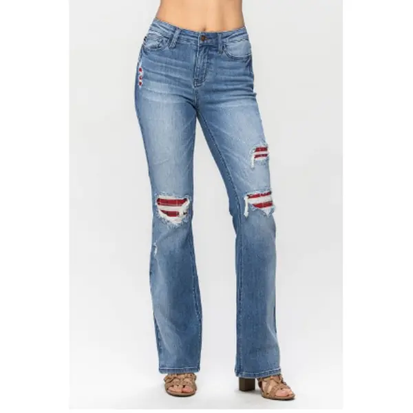 Judy Blue Mid Rise Plaid Patch Detail Bootcut
