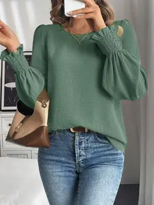 Women's Plain Blouse, Casual Round Neck Top for Spring & Fall, Women's Clothing for Daily Wear