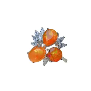 Orange Mexican Fire Opal Cluster Ring, Natural Orange Opal Ring Sterling Silver