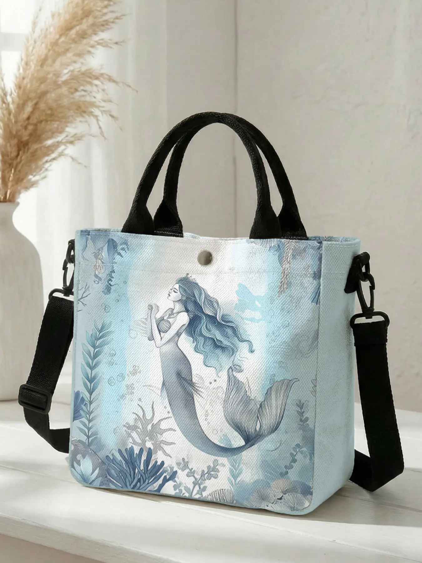 1 piece of mermaid ocean pattern 2D printed fashion crossbody bag, adjustable shoulder strap + snap closure | students/workforce/street outings | a street essential with both aesthetic appeal and practicality
