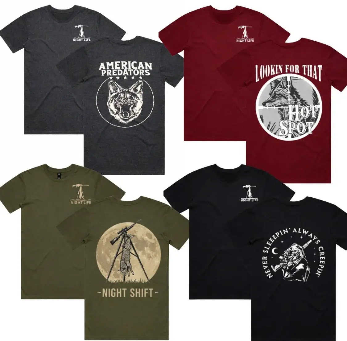 Night Life Hunting Collection T-Shirt, Unisex Graphic Tee, Night Hunt Shirt, Coyote Hunting Tee, Outdoor Hunter Apparel, Tactical Hunting Shirt Gift,  Menswear Top Crewneck