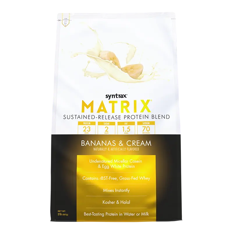 Syntrax Nutrition Matrix, Sustained-Release Whey Protein Blend, Bananas and Cream, 2 lbs  Undenatured Micellar Casein & Whey Blend for Easy Mixing