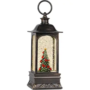 Snow Globe Christmas Decorations, 6H Timer Lighted Christmas Lantern Musical Snow Globe for Home Decor (Xmas Tree & Cardinals)