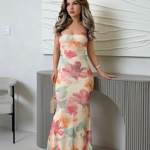 【Black Friday】Elegant All Over Floral Print Backless Sleeveless Dress for Women, Boho Style Summer Dress for Wedding, Tropical Beach and Vacation, Formal Party Dress