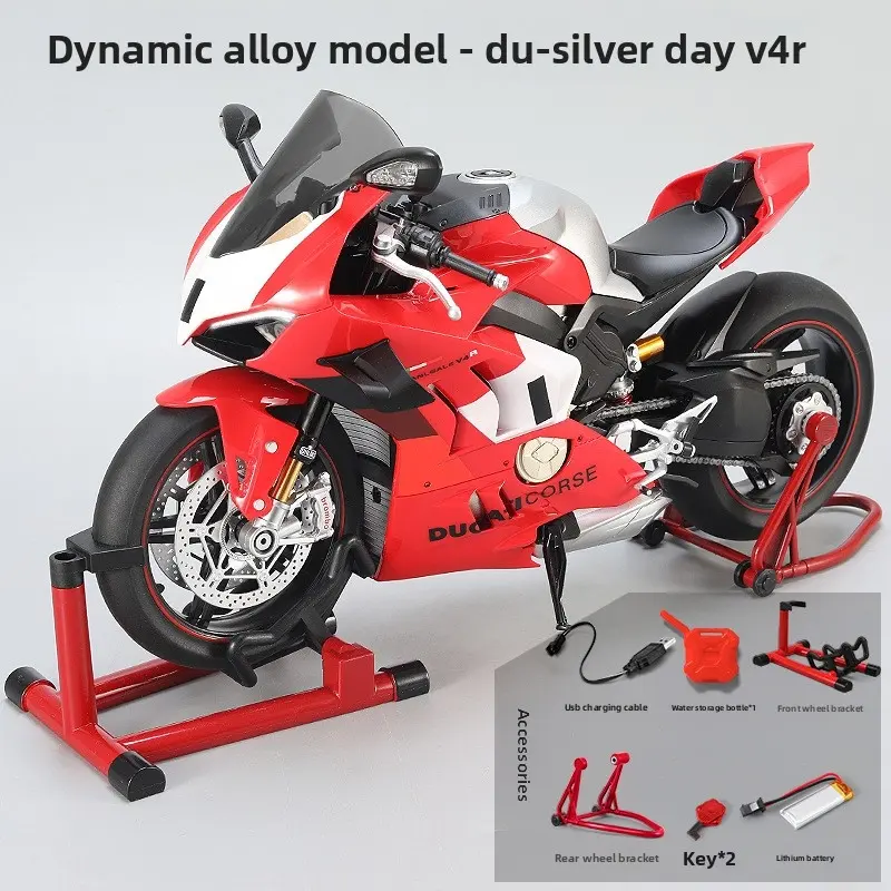 Dynamic Alloy Motorcycle Model, 1:7 Ultra-Light Full Carbon V4, Sound Light Simulation, Key Start, Mechanical Linkage, Collectible Toy