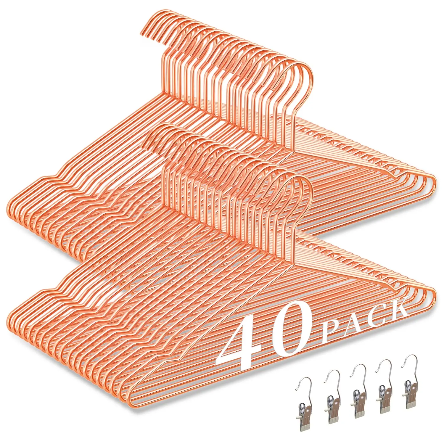 WSJYKN 40-Pack Durable Rose Gold Metal Hook Hangers, Upgraded Reinforced Build, Home Organizer with 5 Clips, Smooth Non-Adjusting Hanging for Coats, Jumpers, Dresses, Ideal for Bedroom, Clothing Boutiques, Boxes (Hangers & Pegs), Includes 5 Clips, Jackets