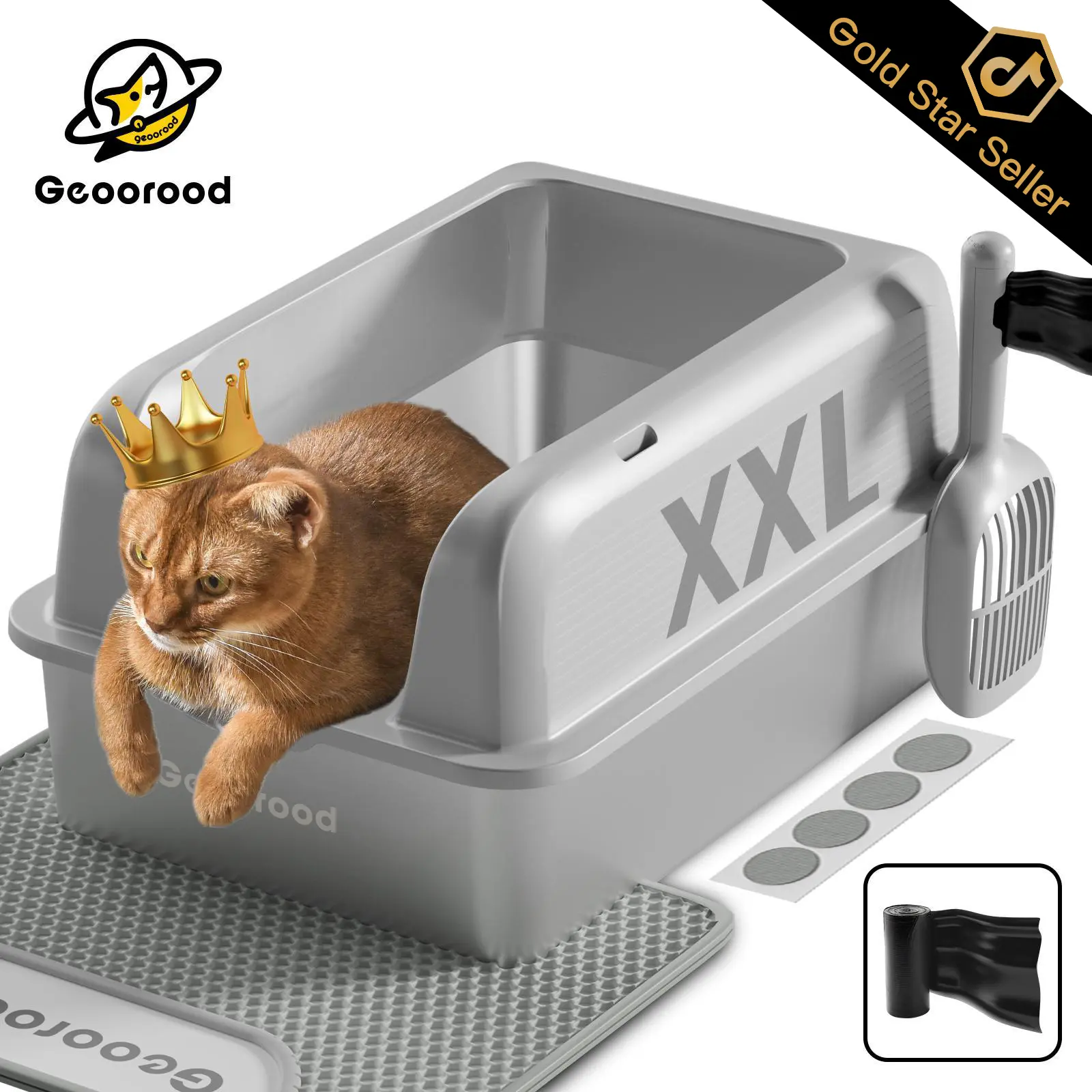 【Geoorood】Geoorood XXL Cat Litter Box Stainless Steel 20L with Lid,  XL Large Metal Litter Box High Sided Design,Anti-Urine Leakage, Include Cat Mat & Litter Scoop, Never Absorbs Odors, Easy Cleaning, Non-Sticky summeressentials DealsforYouDays SummerWins