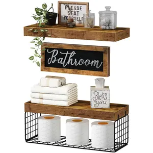 Bathroom Decor Shelves, Bathroom Furniture Sets Farmhouse Decorations Aesthetic Décor Sign Small Floating Wall Shelf Over Toilet 2+1 Set 16 inch, Rustic Brown