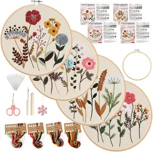 Embroidery Kit, 4 Sets Embroidery Kit for Beginners with Stamped Flower Pattern, Cross Stitch Starter Kits for Adults Hand Craft Lover with Embroidery Hoop, Instructions and Threads