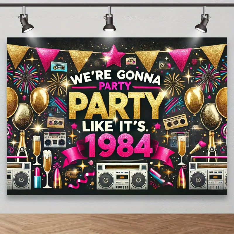 1984 Retro Party Photography Backdrop - Polyester Fabric Background with Boombox and Neon Accents for Vintage Themed Parties, Fun Photo Booth Props and Party Decorations