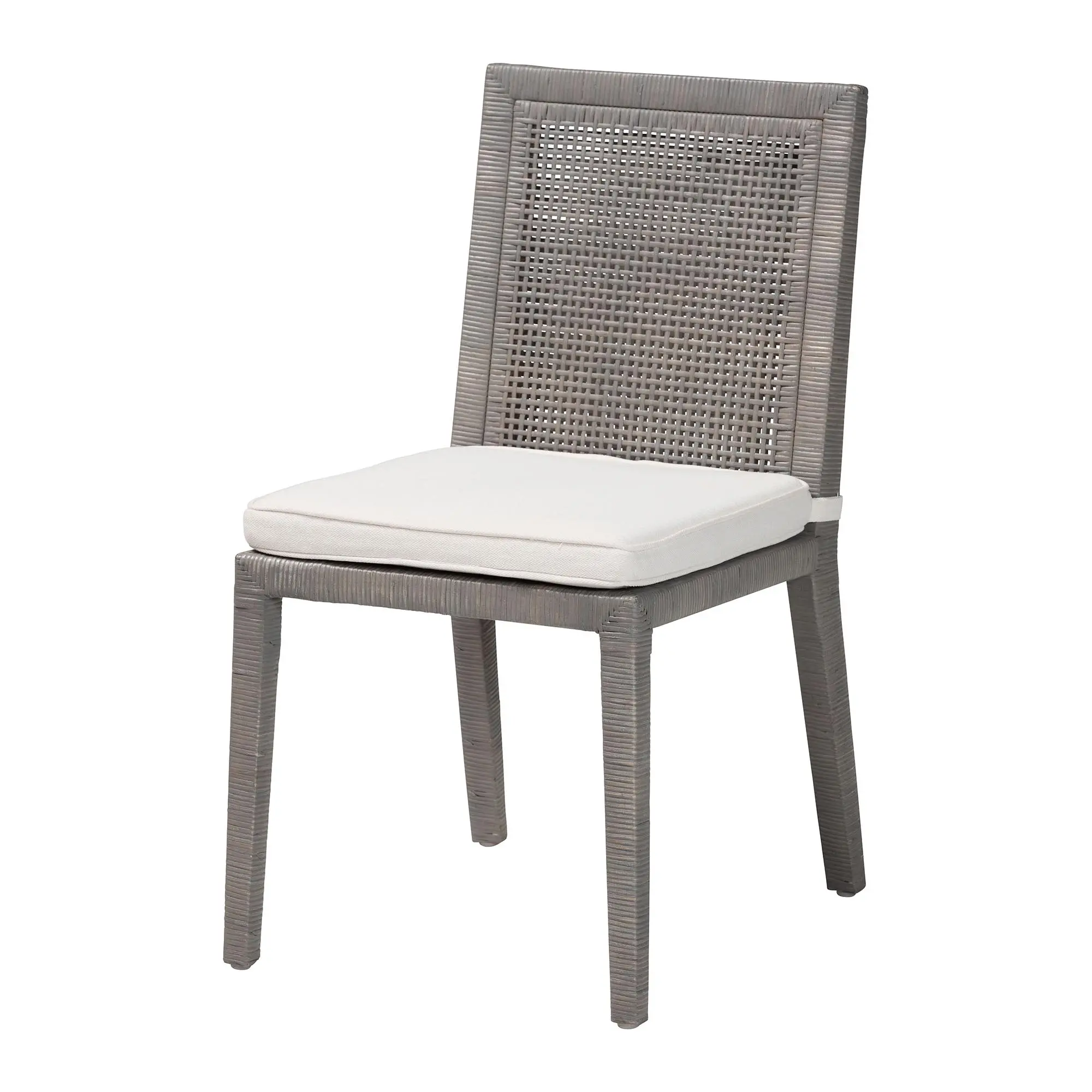 bali & pari Sofia Rattan Dining Chair with Cushion - Handwoven Wicker Side Chair with Mahogany Wood Frame, Coastal Boho Style Indoor Seating, French Grey
