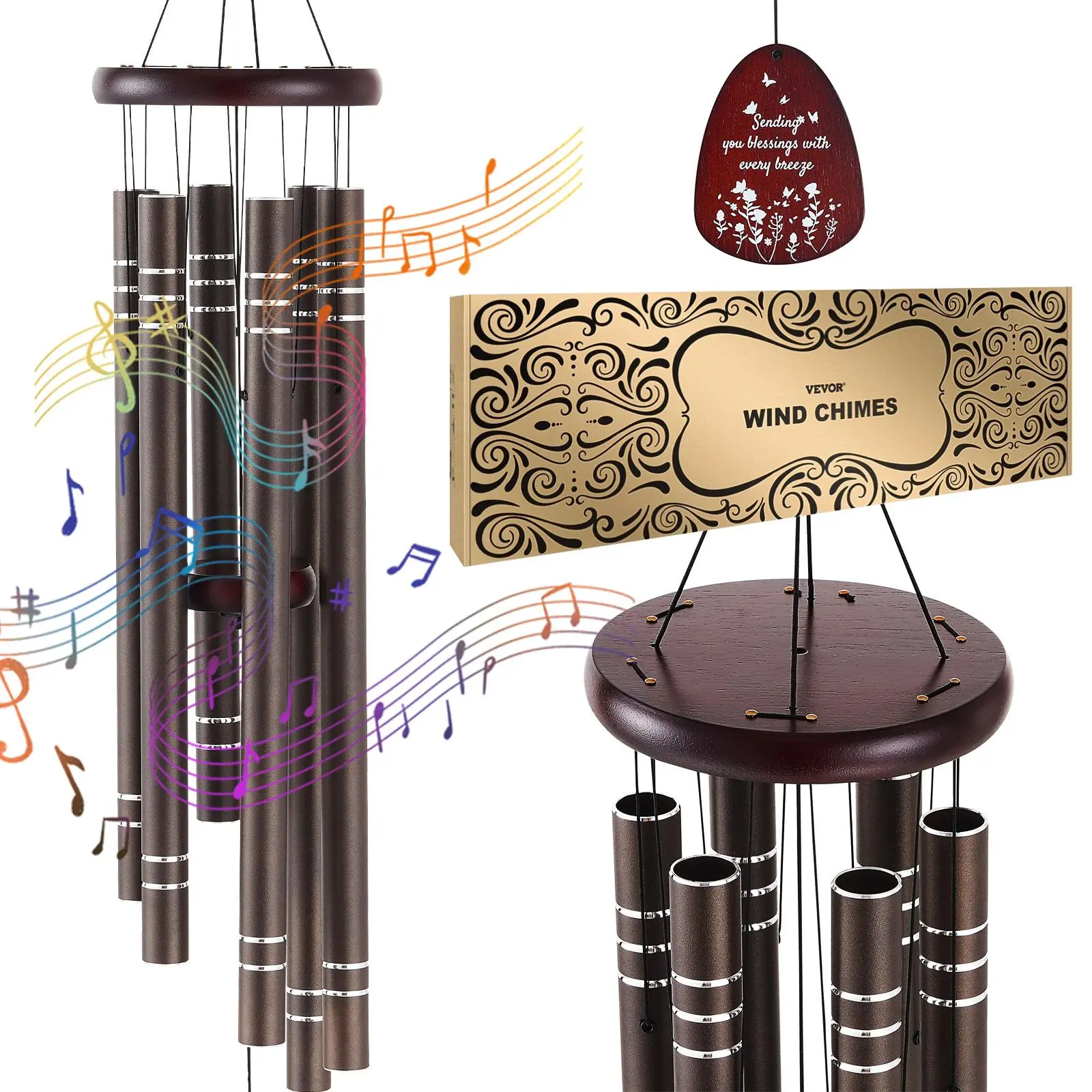 【Summerfinds】VEVOR Wind Chimes for Outside 1067 mmDeep Tone Wind Chimes with 6 TubesUnique Large Memorial Wind Chimes for AnniversaryGrace Outdoor Decor for Your PatioPorchGarden & BackyardDark Brown,campingessentials,outdoorfurnitureset,campinggear