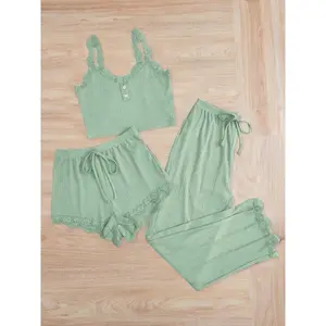 Women's Lace Trim Solid Color Cami Sleepwear Set, 3-Piece Nightwear for Comfort and Style, Elegant Sleepwear for Women