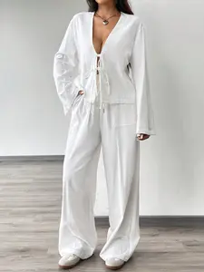 Women’s white cotton-linen textured two-piece set: deep V tie cardigan + high-waisted wide-leg pants, relaxed casual loose outfit