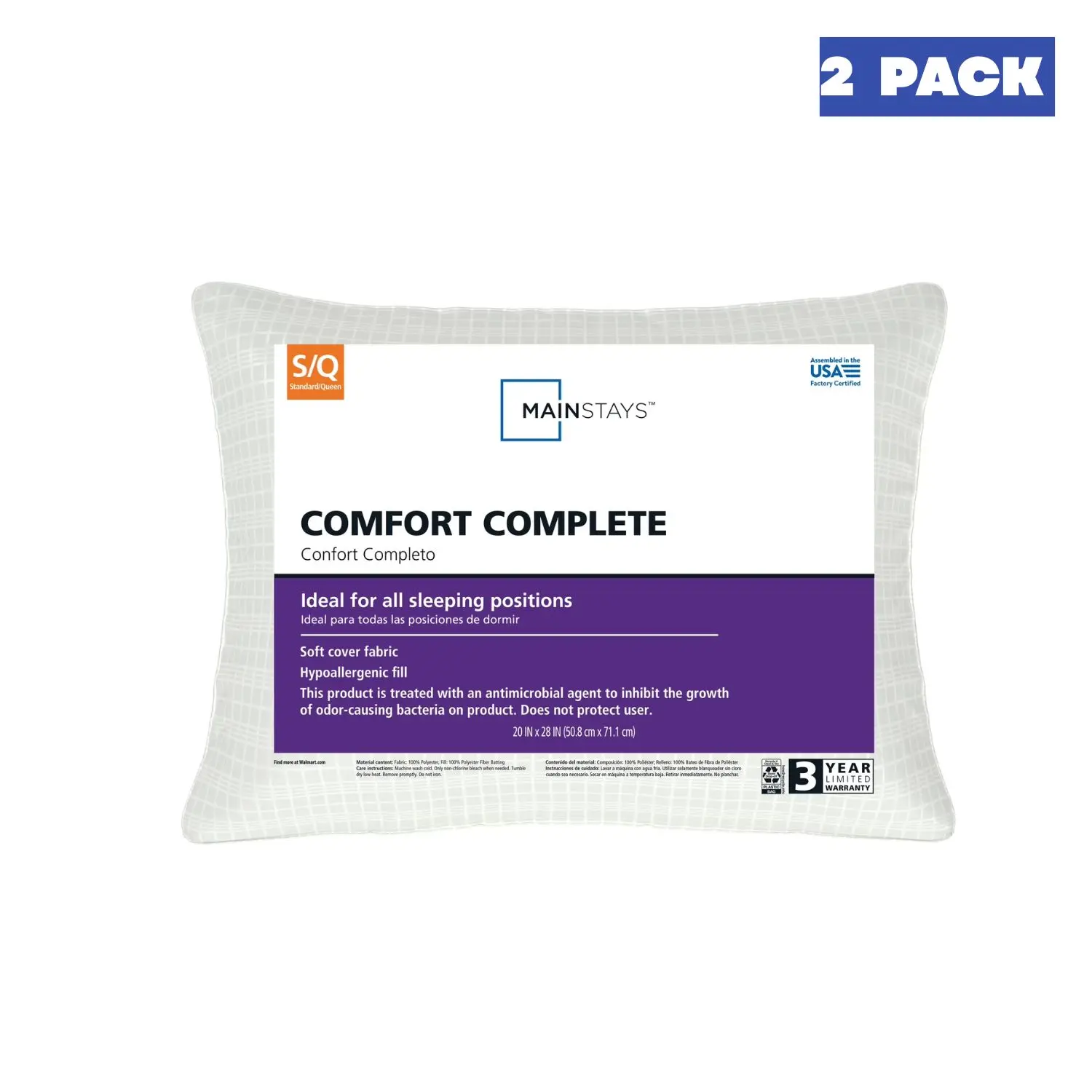 Mainstays Comfort Complete Sleeping Pillows (2-Pack, Standard/Queen 20x28 in) - Nylon Fiber, Medium Firm, Antimicrobial, Hypoallergenic, Moisture Wicking, Machine Washable, Clean Health, Pillows For Sleeping