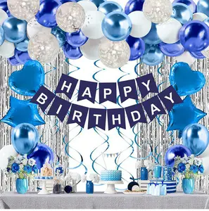 Birthday Balloon Decorations Set - Elegant Blue Silver & Rose Gold with Foil Curtain Heart-Shaped & Confetti Balloons Ideal for Boyfriend's Surprise Summer Celebrations & Baby Showers
