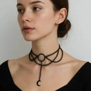 Layered Necklace with Zinc Alloy and Bead, Gothic Necklace, Layered Beads Necklace for Women, Black Bead Necklace, Goth Jewelry