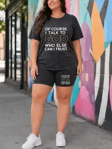 Women's Plus Size Acid Wash Look T Shirt and Biker Shorts Set, Faith Inspirational Letter Graphic, Casual Two Piece Outfit 1XL-5XL
