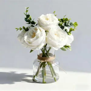 13"x10" Artificial White Roses in Vase with Artificial Water – Lifelike Faux Flower Arrangement for Dining Table Centerpiece, Home & Restaurant Decor