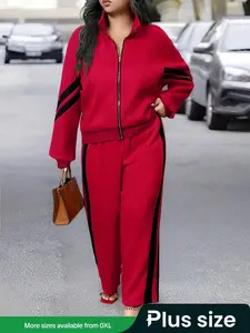 Plus Size, Fitted Two-piece Set Colorblock Zip Up Stand Collar Jacket & Side Stripe Pants Set, Casual Drop Shoulder Long Sleeve Outerwear & Trousers for Daily Outdoor Wear, Women's Outfits for Fall & Winter, Going Out Outfits