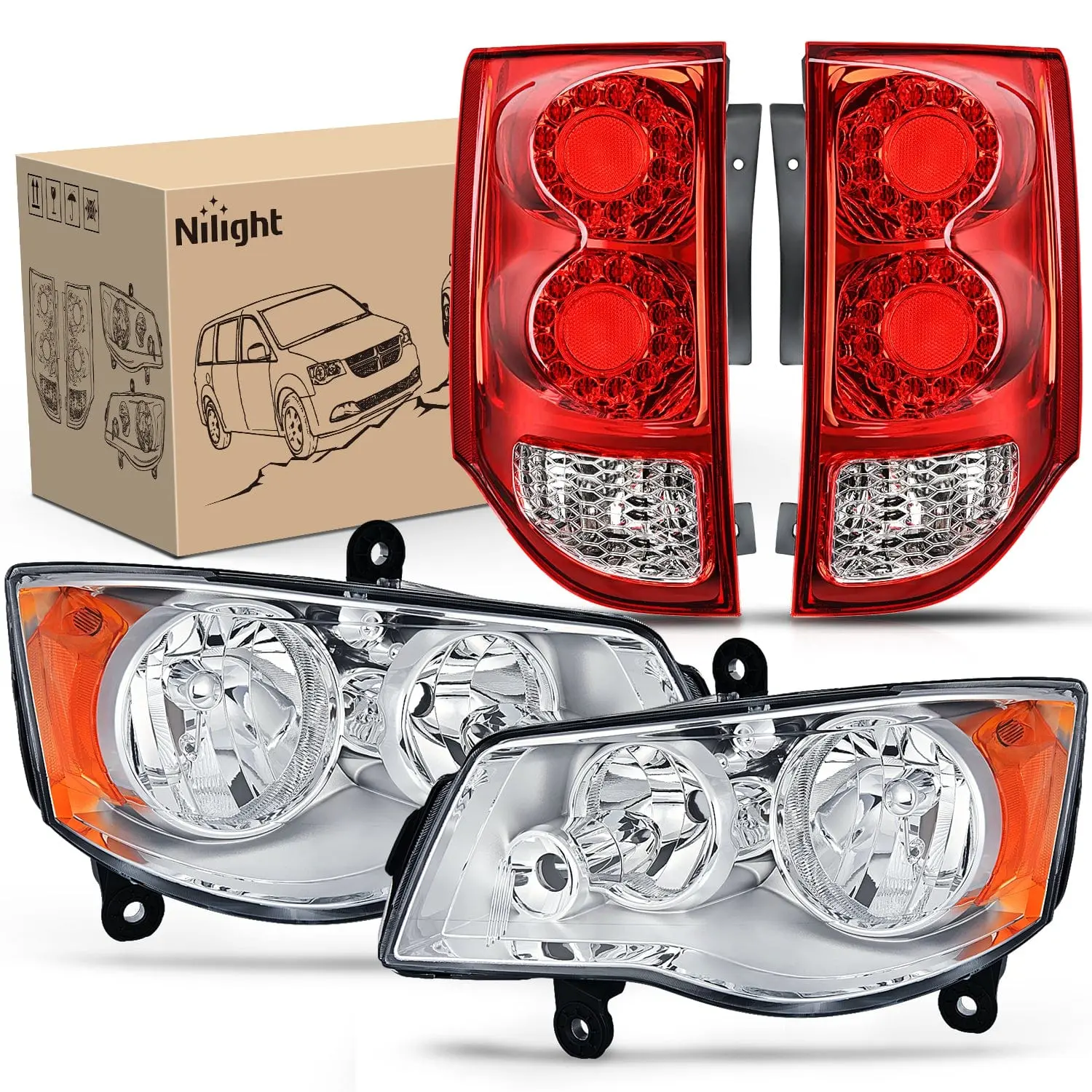 Nlilght Headlight and Taillight Assembly Combo Compatible with 2011 2012 2013 2014 2015 2016 2017 2018 2019 2020 Dodge Grand Caravan OE Style Chrome Housing Amber Reflector with Red Housing Tail Light