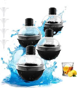 Round Ice Cube Mold - Set of 4 Large Ice Ball Maker Mold For Whiskey Cocktails, BPA Free Reusable Silicone Ice Cube Molds With Lid