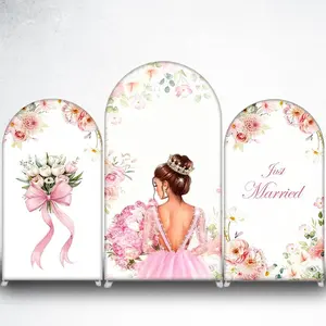 Pink Floral Bouquet with Bow Arch Backdrop Cover for Wedding and Bridal Shower Decor