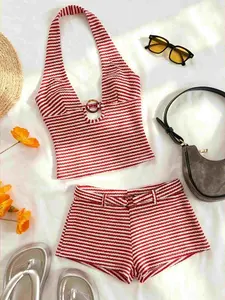 Womens Striped Halter Crop Top and Shorts Set 2 Piece Outfit Red White Knit Matching Set Sexy Backless Ring Detail Sleeveless Fitted Crop Top High Waisted Shorts Summer Beach Vacation Y2K Chic Trendy Casual Streetwear Lounge Co Ord Set