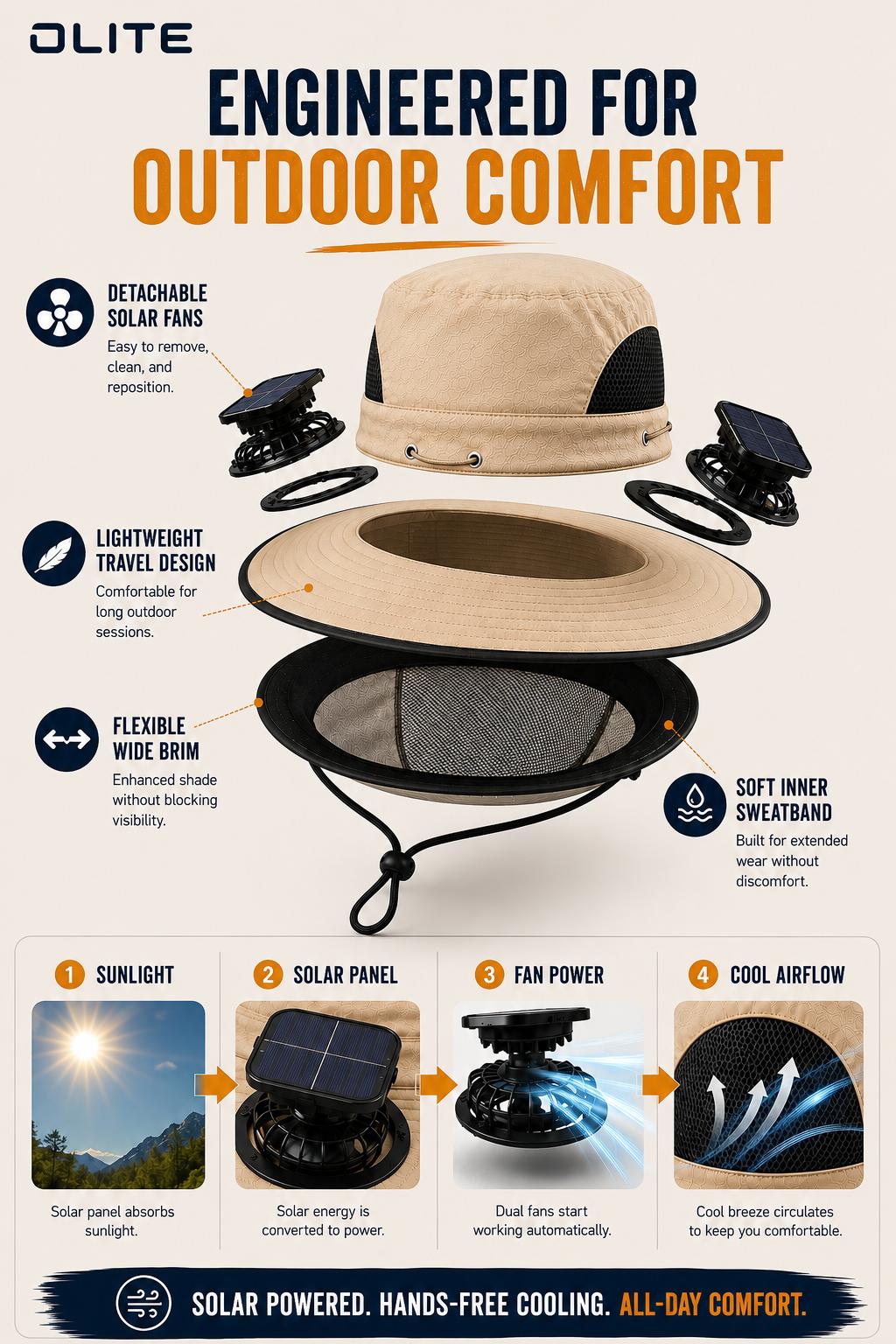 Men's Wireless Solar Fan Hat - Solid Wide Brim Sun Hat with 2 Cooling Fans, USB Charging, Ideal for Fishing, Hiking, Mens Accessories, Accessories Adults, Unique Gifts for Him