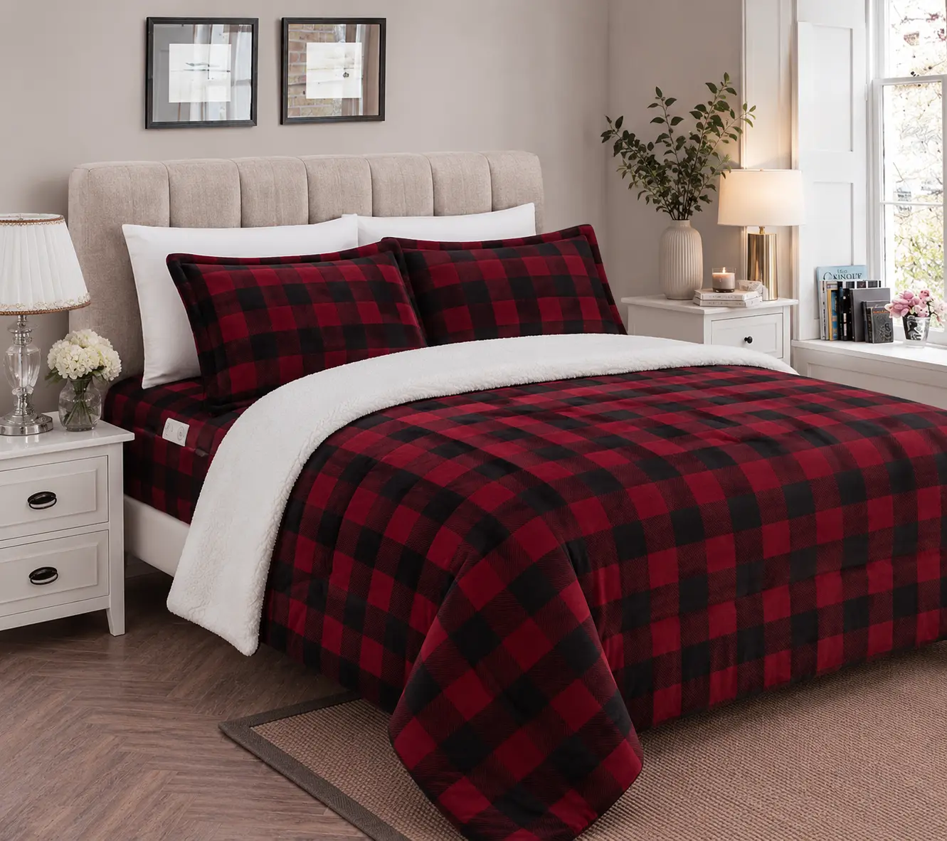 Mocassi 3-Piece Reversible Micro-Suede Comforter Set - Buffalo Lodge-Plaid Pattern, Plush Sherpa-Backed Warmth, Plaid Bedding Set