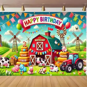 1pc Polyester 2D Flat Country Theme Happy Birthday Backdrop Banner - Flat Backdrop with Vibrant Red Barn, Animals, Tractor, Balloons - Festive Party Decor, Cake Table Photo Background,summerwins