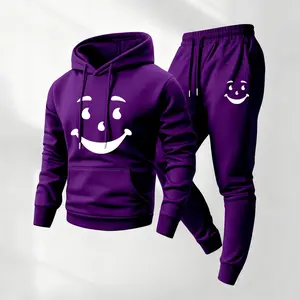 Men's Smiling Face Patterned Hoodie And Drawstring Track Pants Set, Men's Casual Athletic Long-Sleeved Hooded Jacket And Pants, Suitable For Fall And Winter, Street Style Hoodie Set, Everyday Wear, Indoor And Outdoor Sportswear SpringStatements