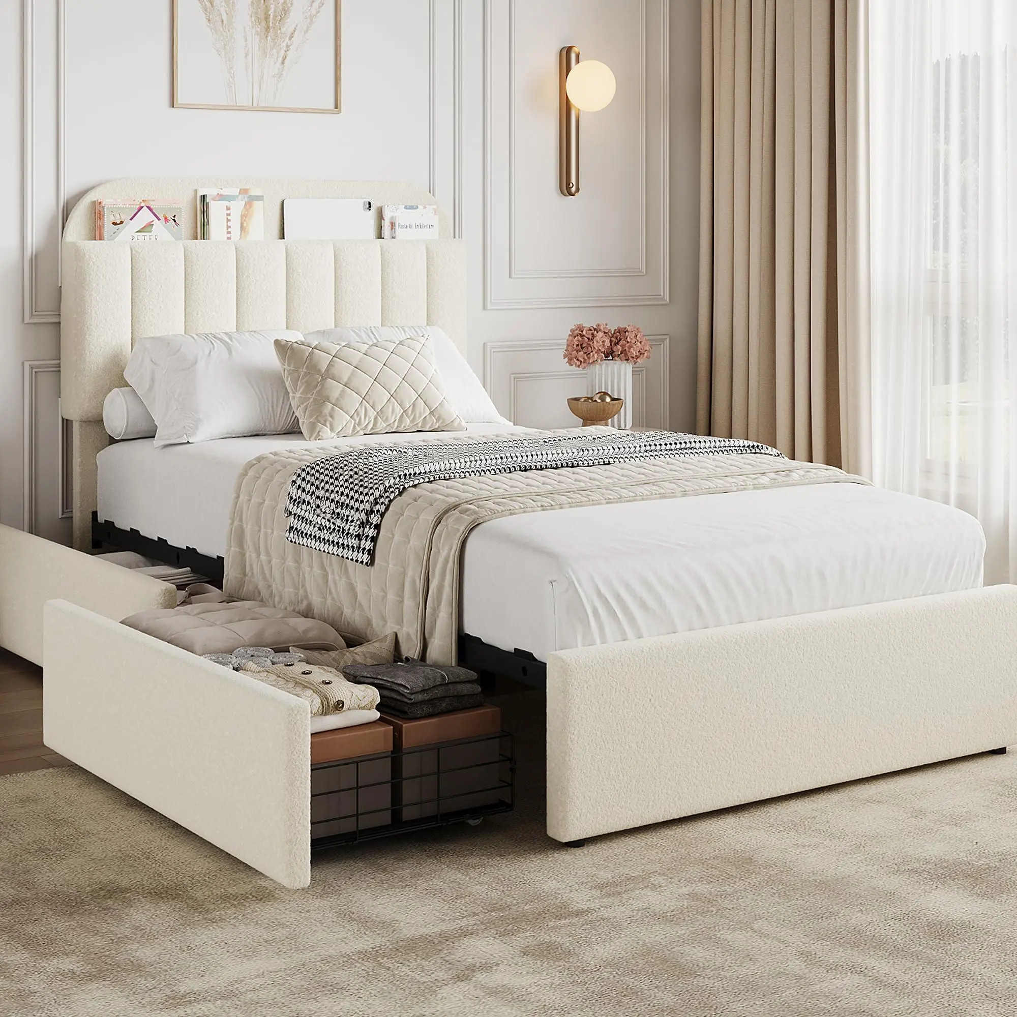 TwinXL Bed Frame, Ivory White Platform Bed with Storage Headboard & Drawers | Boucle Upholstered Bed Frame for Kids, Bookcase Headboard, No Box Spring Needed, Easy Assembly