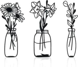 Black Metal Wall Decoration 3 Piece Floral Wall Decor with Daffodils, Chrysanthemum & Eucalyptus Leaves - Minimalist Art Wall Sculpture for Living Room or Kitchen