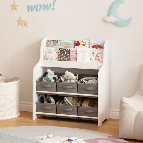 Kids Front-Facing Neutral Tones Bookshelf with 6 Fabric Storage Bins - Multi-Functional Children's Toy Organizer for Playroom, Bedroom - White & Gray