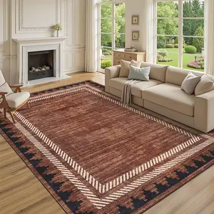 Garvee Washable Area Rug 9x12 Brown Rugs Unique Bordered Neutral Living Room Rug,Modern Geometric Rug for Farmhouse Non Slip Soft Non Shedding Low Pile Neutral Carpet for Open Spaces Office