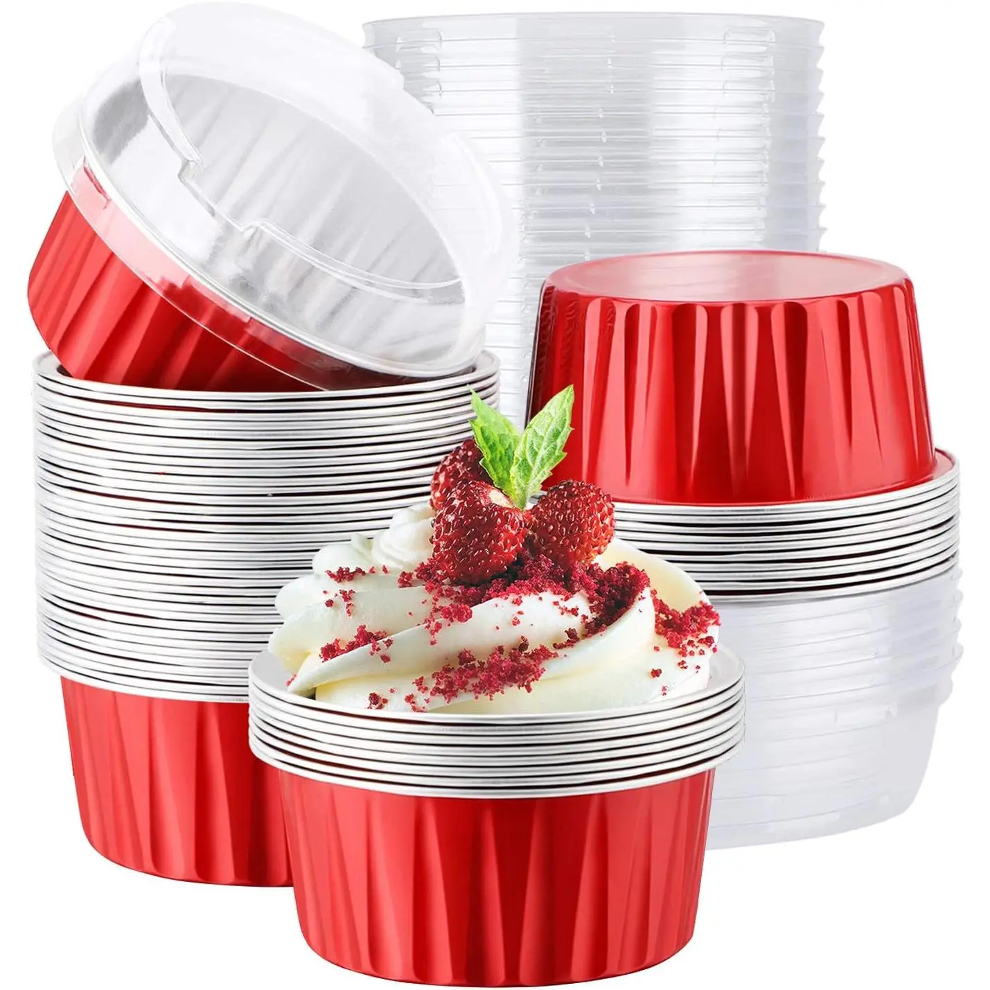 Disposable Blush Pink Aluminum Alloy Round Muffin Cupcake Baking Cups with Lids, 30-Piece 5oz/125ml Ramekin Holders, Home Kitchen Supplies, Baking Accessories