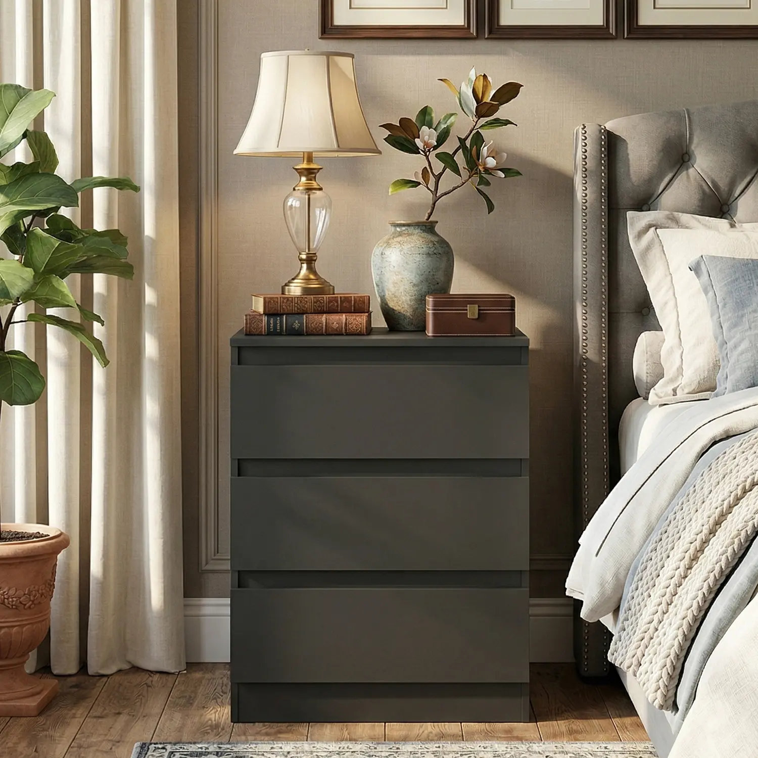 Spaco Minimalist 3-Drawer Handle-Free Dresser - Modern Anti-Tip Safe Chest with Sturdy Base, Wooden Drawer-Equipped Bedside Table for Bedroom, Living Room, Bedroom Decor Ideas, Drawer-Equipped Bedside Tables