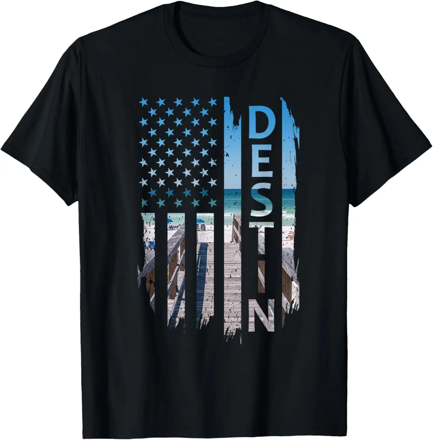 Women's 100% Cotton Short-Sleeve Round Neck Vintage Everyday Top - Destin Florida Summer Sunset American Flag Patriotic Plus-Size Graphic Tshirt