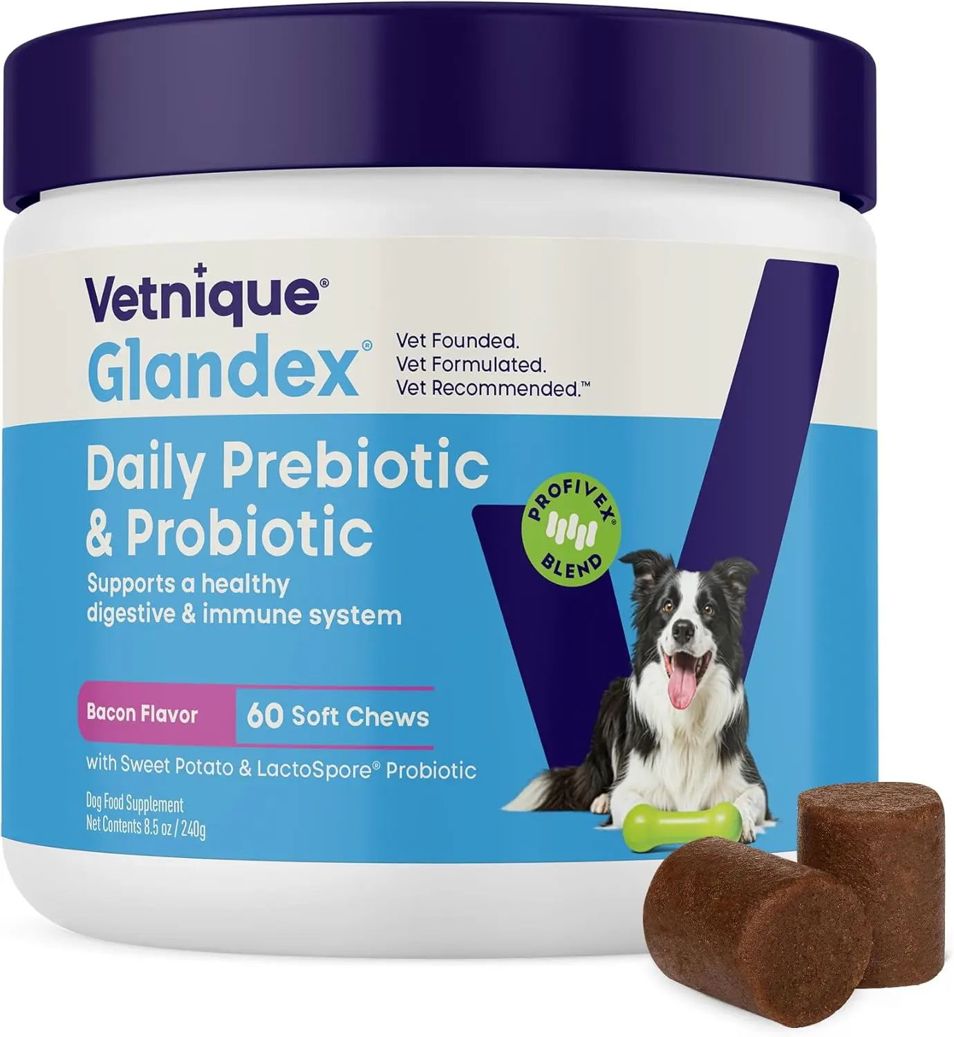 Vetnique Glandex Probiotics for Dogs 60ct Soft Chews, Prebiotics & Enzymes | Dog Probiotics for Digestive Health, Bacon Flavor Gut Support, Vet Formulates for Occasional Diarrhea Digestive Enzymes