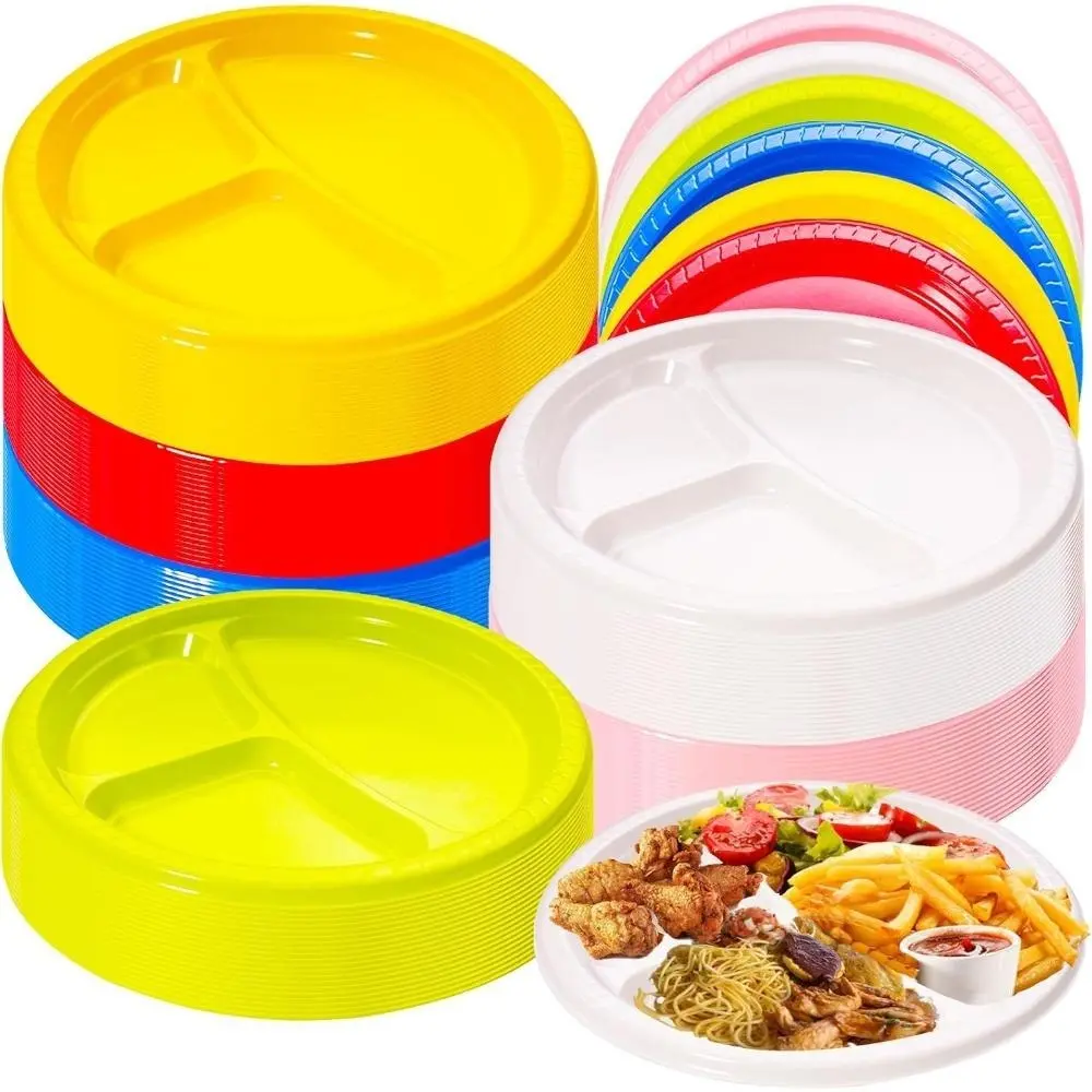 120 Pcs 10 Inch 3 Compartments Divided Plates Plastic Dinner Plates Round Lunch Plates Colorful Disposable Dessert Plates for Wedding Party Dinnerware Supplies(Multicolor)